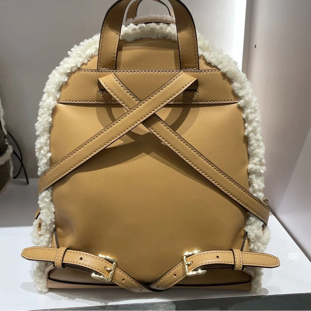 MICHAEL KORS Rhea Medium Suede and Faux Shearling Backpack Peanut NWT